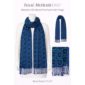 Isaac Mizrahi Live! Womens Blue Green Mixed Print Scarf Fringe A235348/71 OS NEW